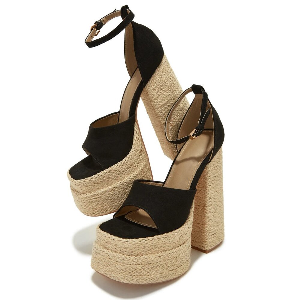 NEW🔥 Black Open Toe Raffia Double Platform Chunky Block Heel Sandal Ankle Strap - Picture 2 of 4
